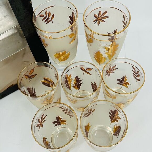 7 Vintage 60s Libbey Frosted Gold Autumn Leaves High Ball Water Glasses NIB MCM - Picture 4 of 14